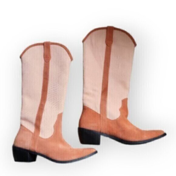 Urban Outfitters Suede Linen Canvas Leslie Tall Cowboy Boot Pink Peach … - Picture 1 of 12